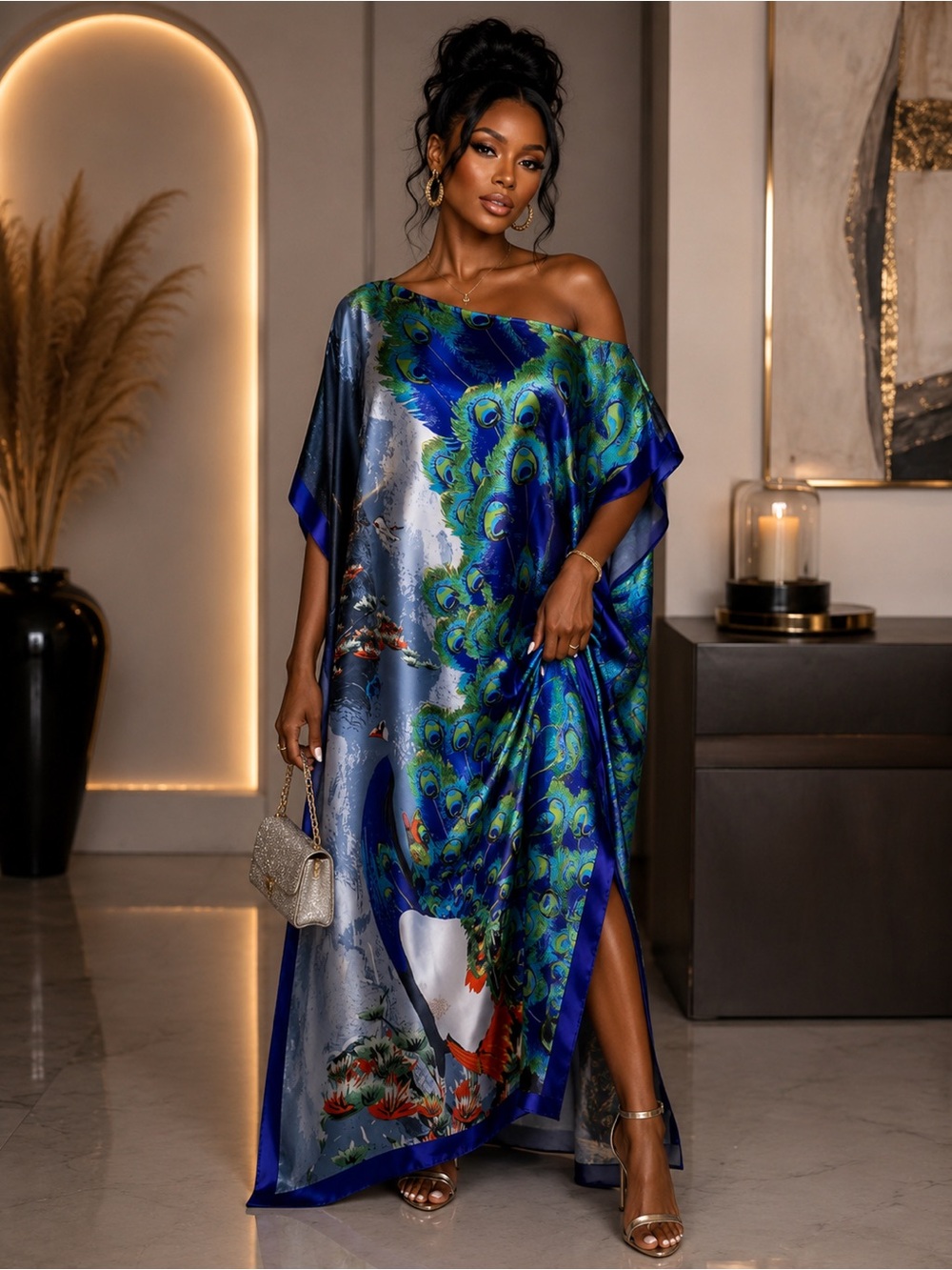 Peacock Print Satin Kaftan Dress & Matching Scarf Resort Beach Cruise Elegant - Picture 2 of 2